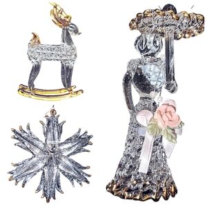 Vintage Spun Glass Clear & Gold Christmas Ornaments Crysyal Reindeer Snowflake